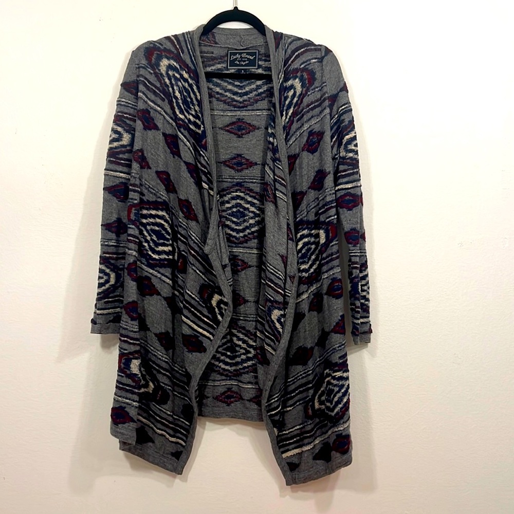 Lucky Brand Cardigan, size S, Grey with Navy & Burgundy accents